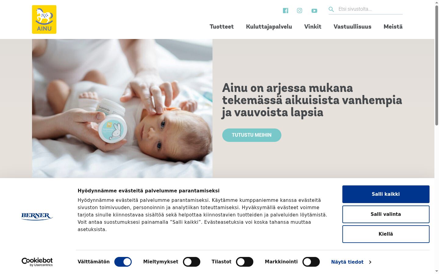 Kuvakaappaus suostumusbannerista, joka näytettiin ennen mitään vuorovaikutusta