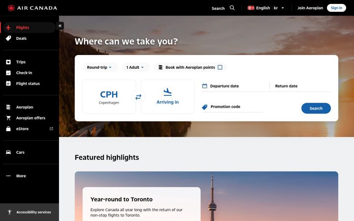 Snímek obrazovky aircanada.com