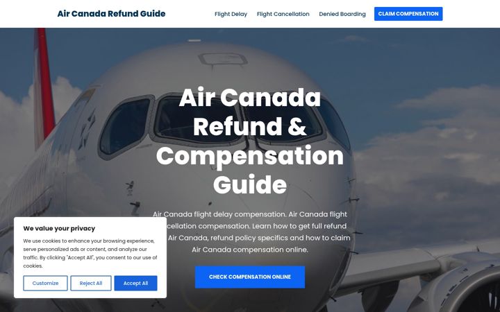 Ekrānuzņēmums no aircanadarefund.com