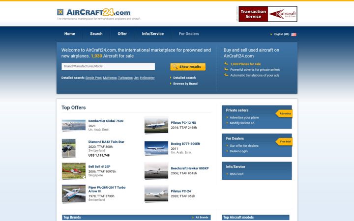 Screenshot of aircraft24.com