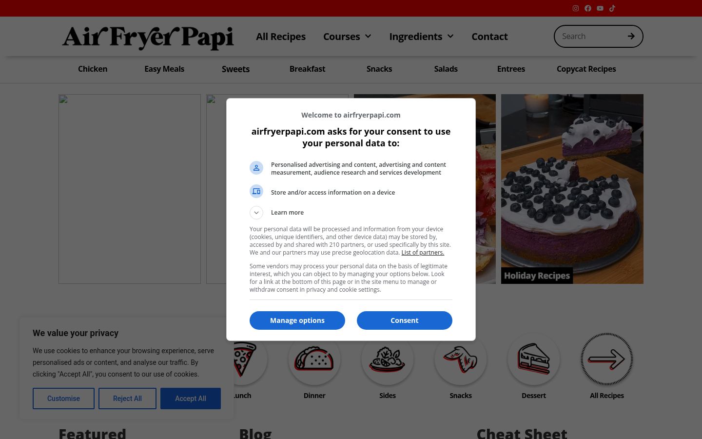 Screenshot del banner di consenso mostrato prima di qualsiasi interazione