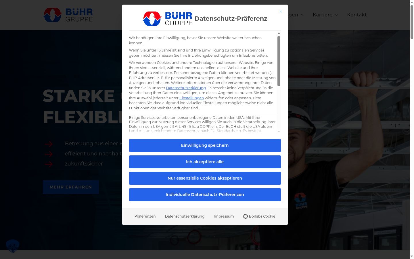 Screenshot del banner di consenso mostrato prima di qualsiasi interazione