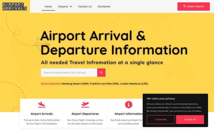 Screenshot of airport-arrivals.com