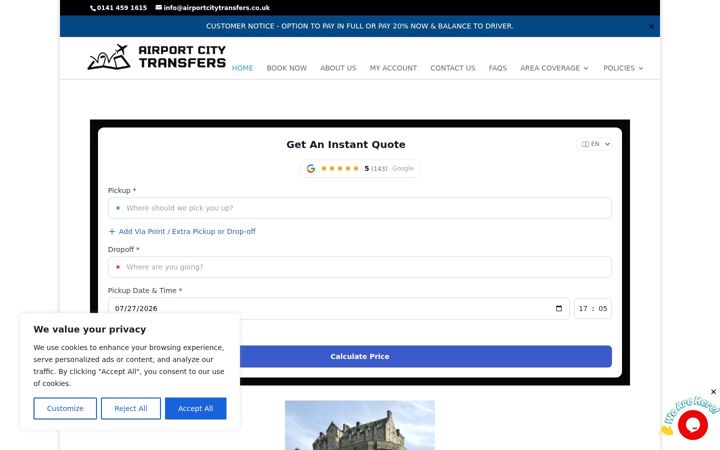 Screenshot of airportcitytransfers.co.uk