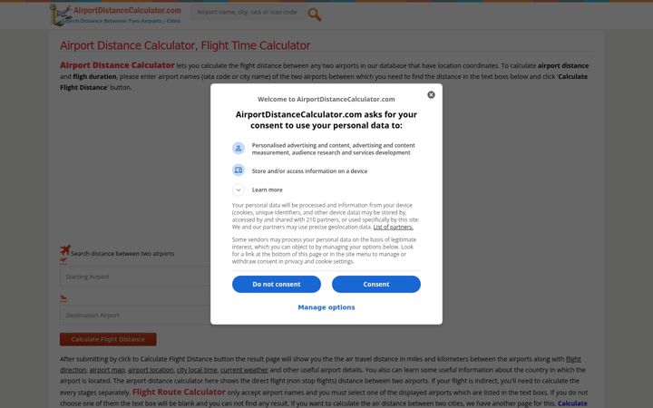Screenshot of airportdistancecalculator.com