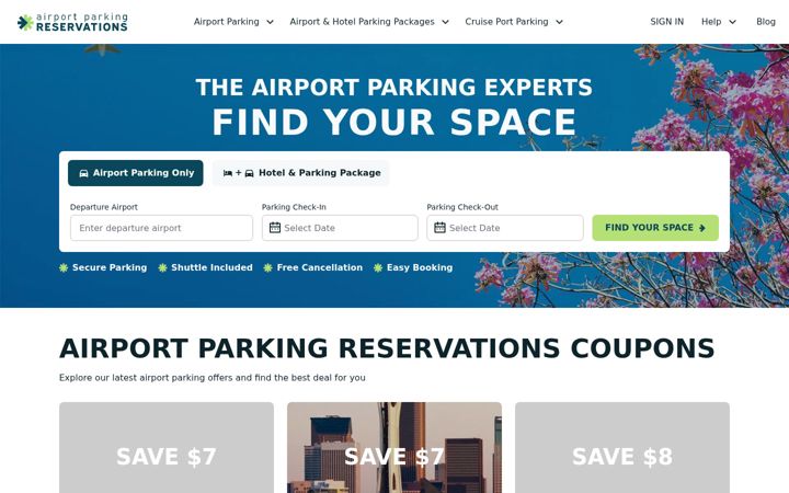 Snímek obrazovky airportparkingreservations.com