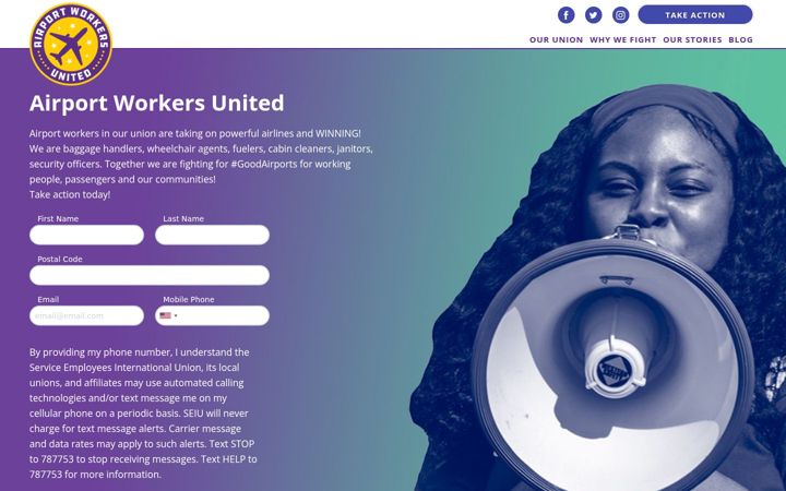 Screenshot of airportworkersunited.org