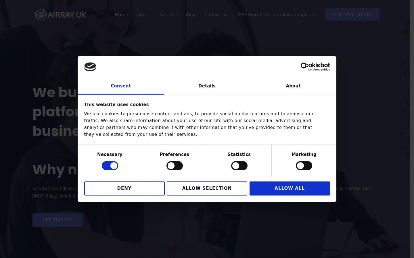Screenshot del banner di consenso mostrato prima di qualsiasi interazione