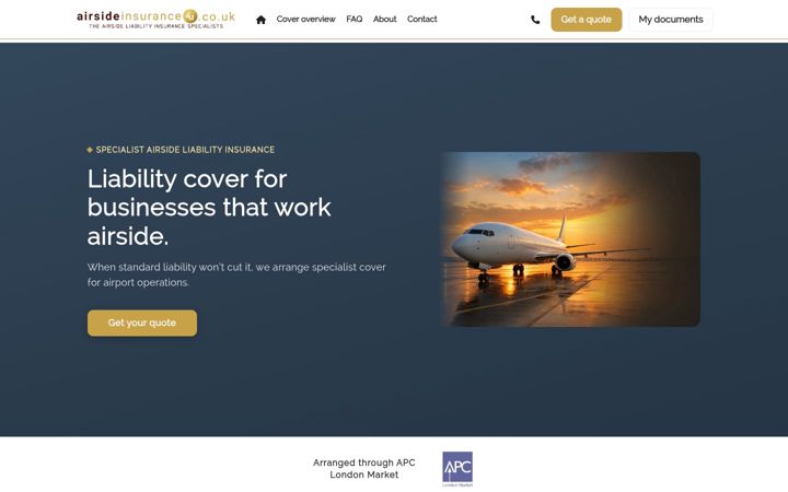 Ekrānuzņēmums no airsideinsurance4u.co.uk