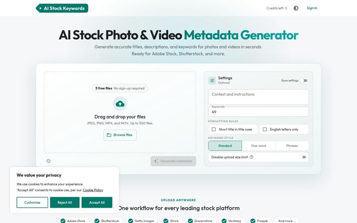 Zrzut ekranu aistockkeywords.com
