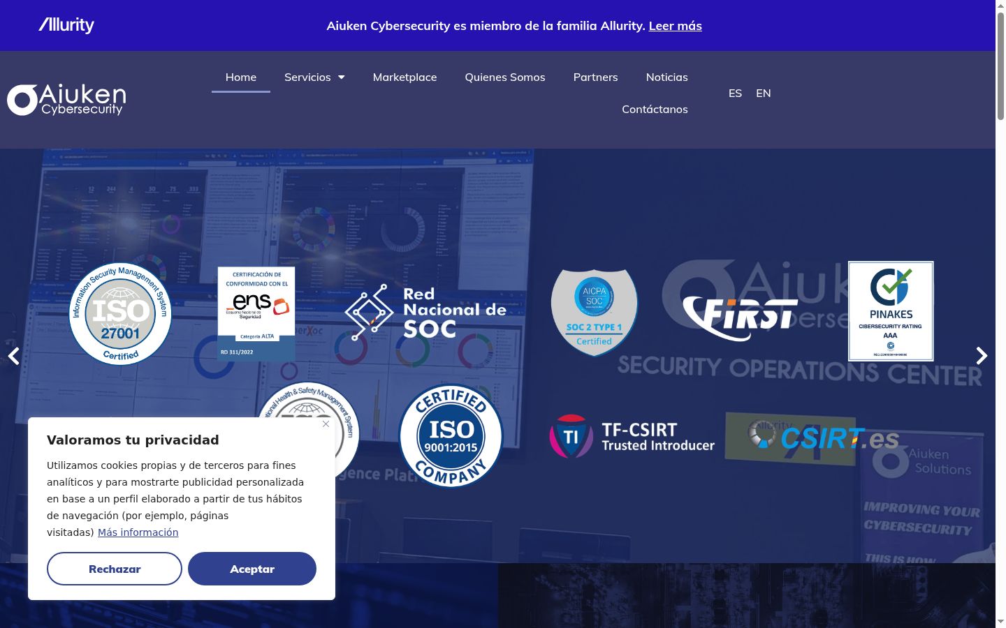 Captura de pantalla del banner de consentimiento mostrado antes de cualquier interacción
