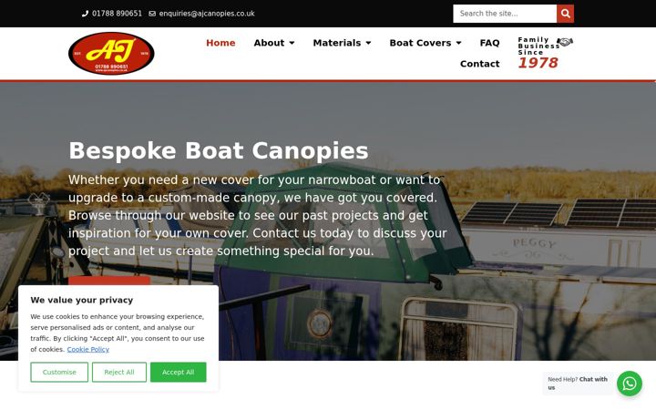 Screenshot van ajcanopies.co.uk