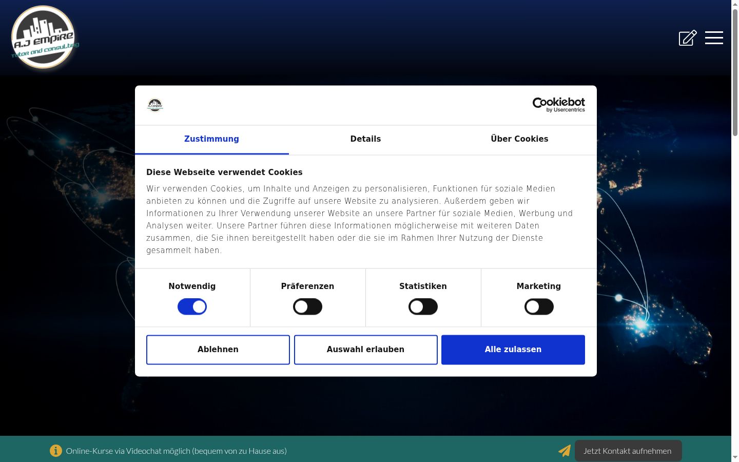 Posnetek zaslona pasice za privolitev, prikazane pred kakršno koli interakcijo