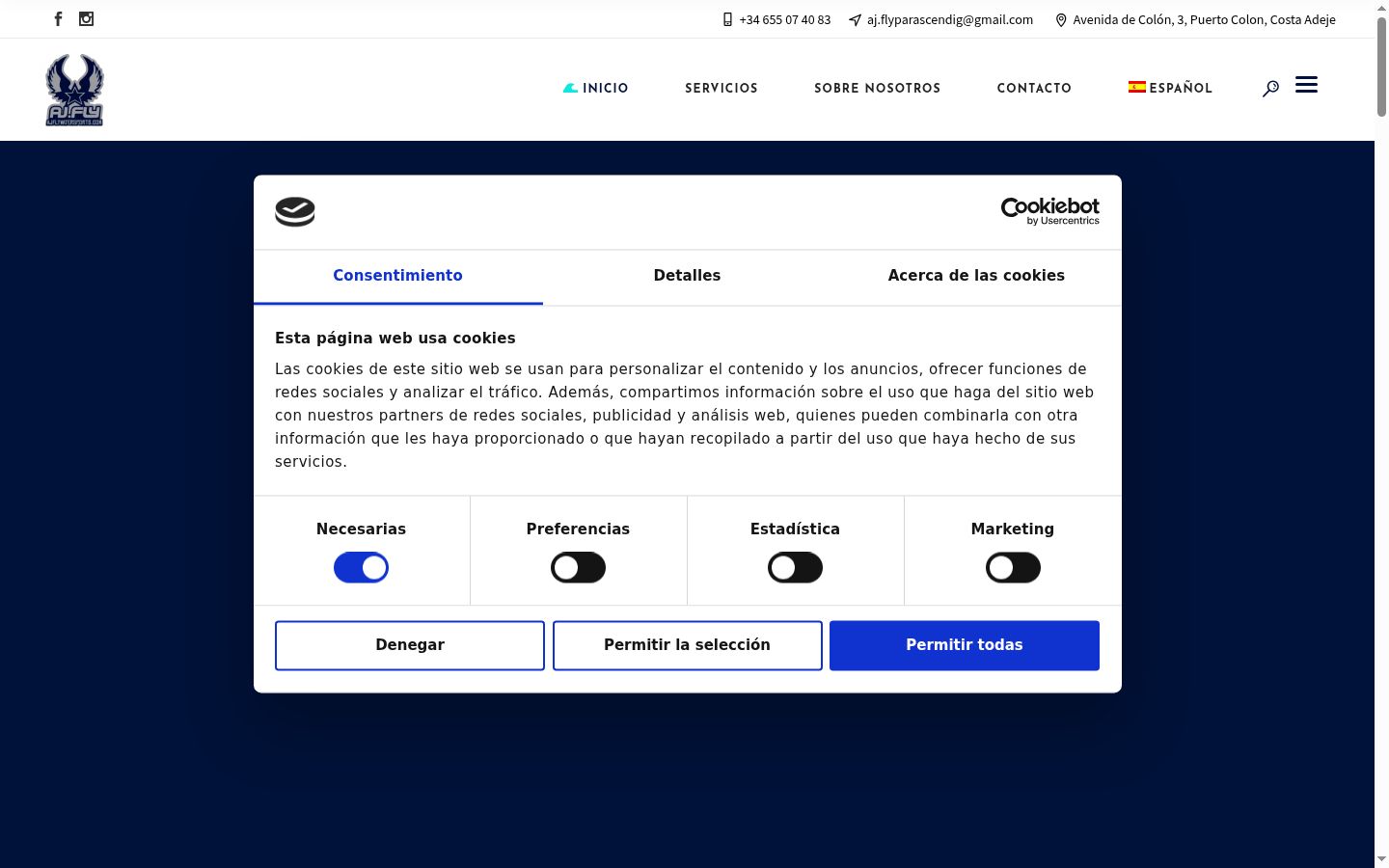 Captura de pantalla del banner de consentimiento mostrado antes de cualquier interacción