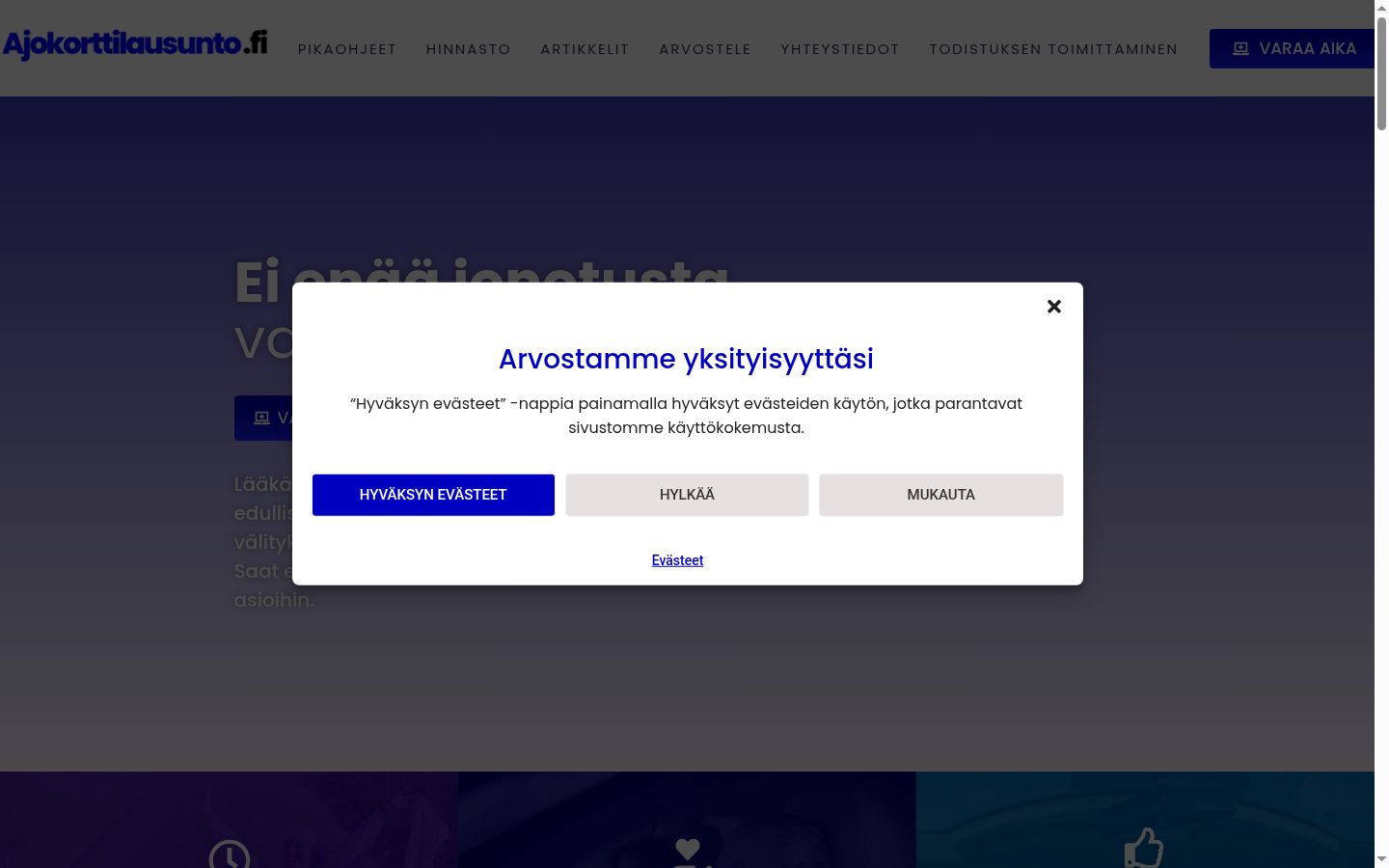 Sutikimo reklamjuostės, rodytos prieš bet kokią sąveiką, ekrano kopija