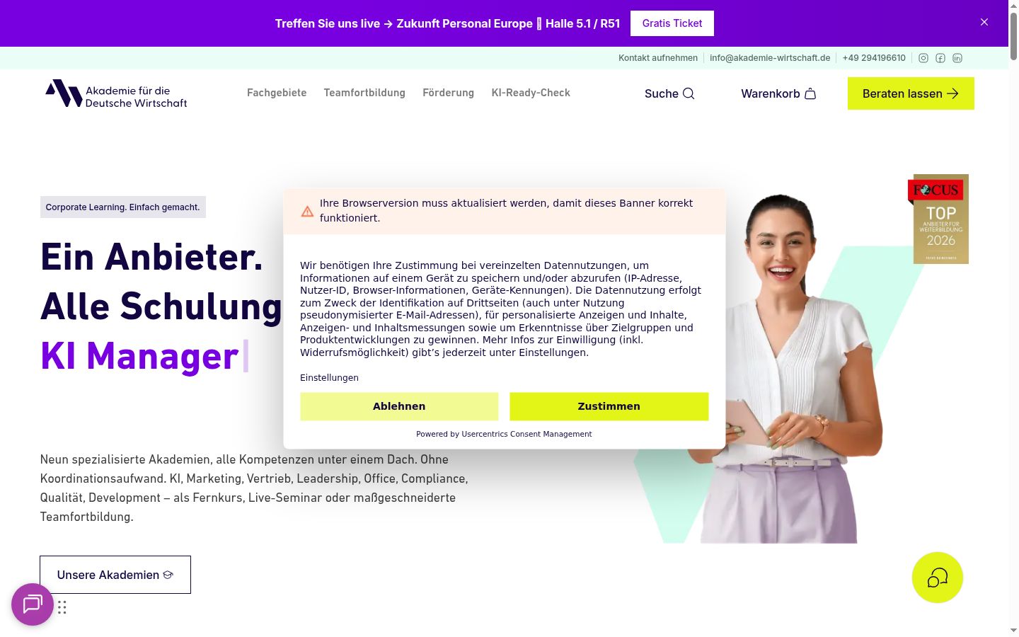 Captura de ecrã do banner de consentimento apresentado antes de qualquer interação