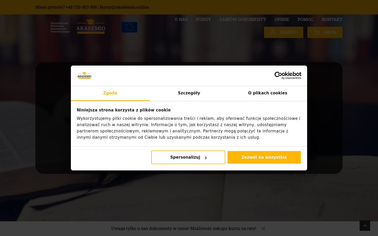 Zrzut ekranu banera zgody wyświetlanego przed jakąkolwiek interakcją