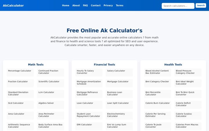Screenshot of akcalculators.com