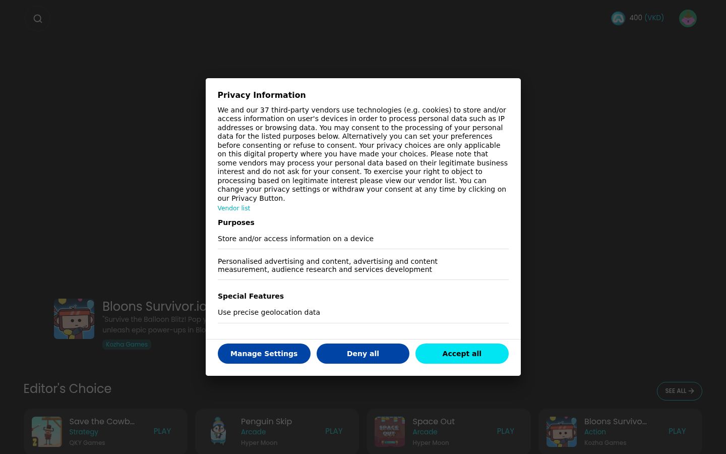 Screenshot del banner di consenso mostrato prima di qualsiasi interazione