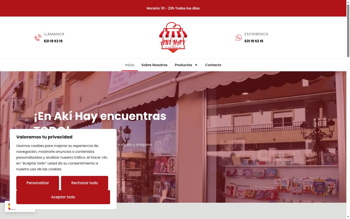 Captura de pantalla del banner de consentimiento mostrado antes de cualquier interacción