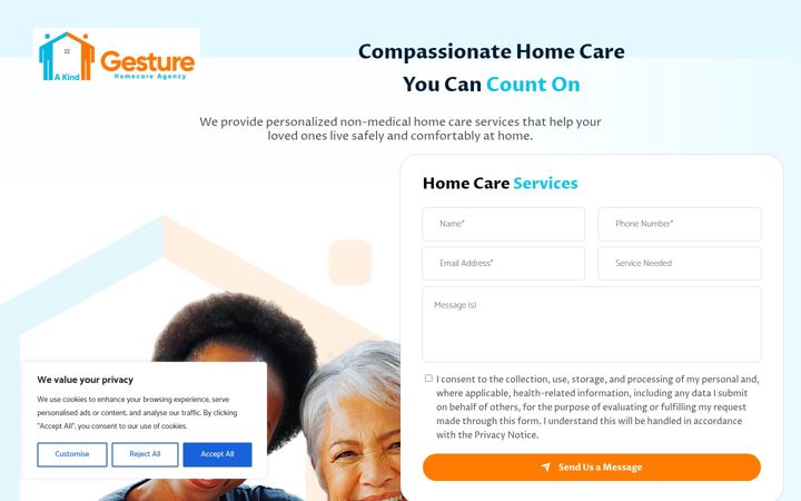 Kuvakaappaus sivustosta akindgesturehomecare.com