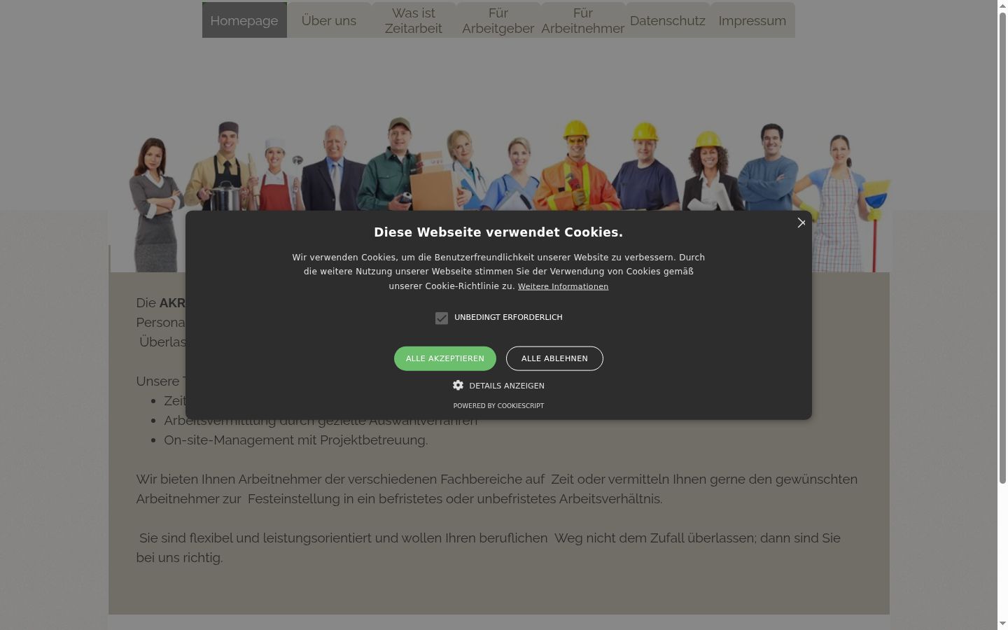 Screenshot des Einwilligungsbanners vor jeglicher Interaktion