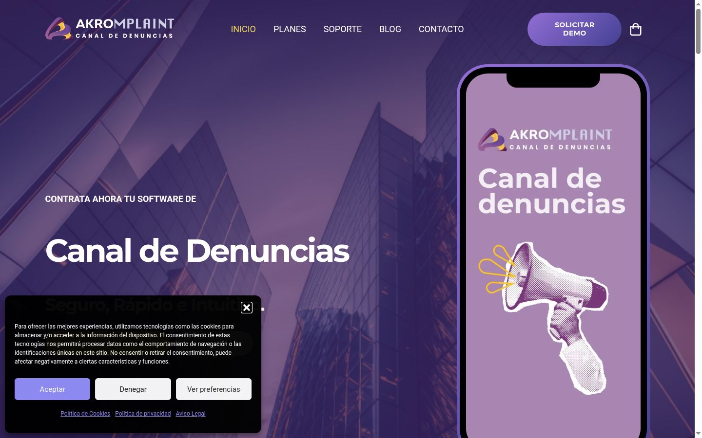 Captura de pantalla del banner de consentimiento mostrado antes de cualquier interacción