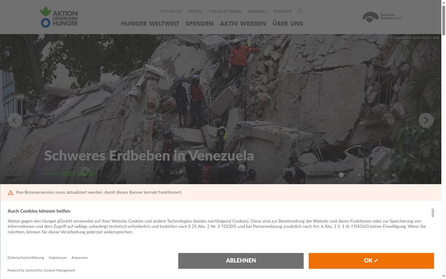 Screenshot des Einwilligungsbanners vor jeglicher Interaktion
