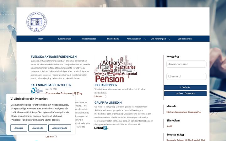 Screenshot of aktuarieforeningen.se