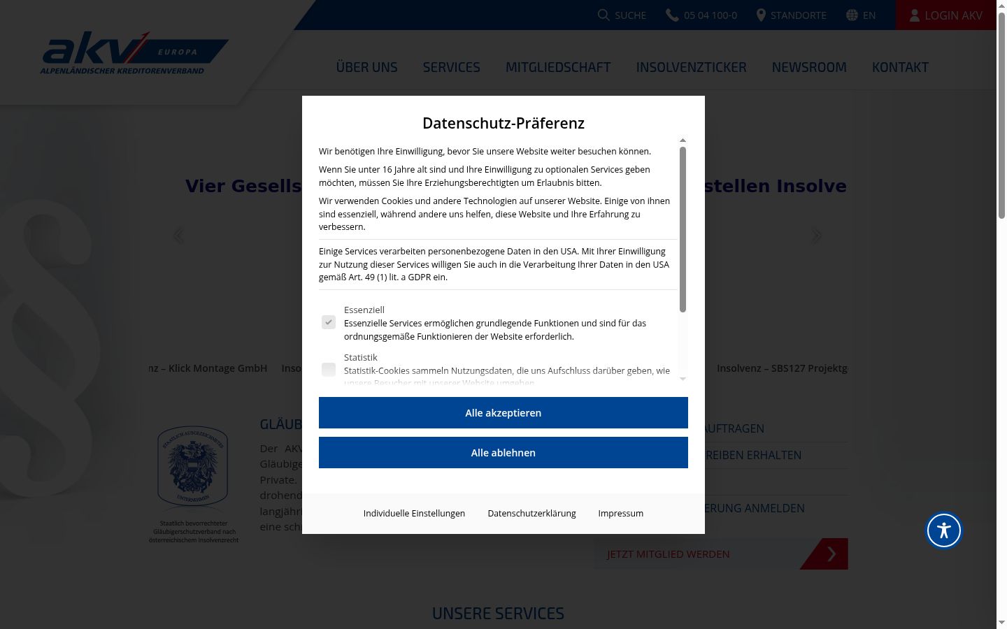 Screenshot des Einwilligungsbanners vor jeglicher Interaktion