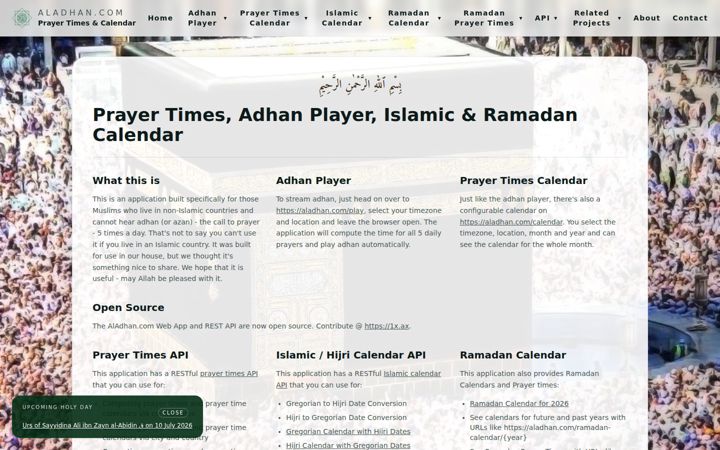 Screenshot of aladhan.com