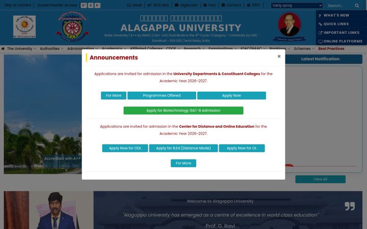 Screenshot of alagappauniversity.ac.in