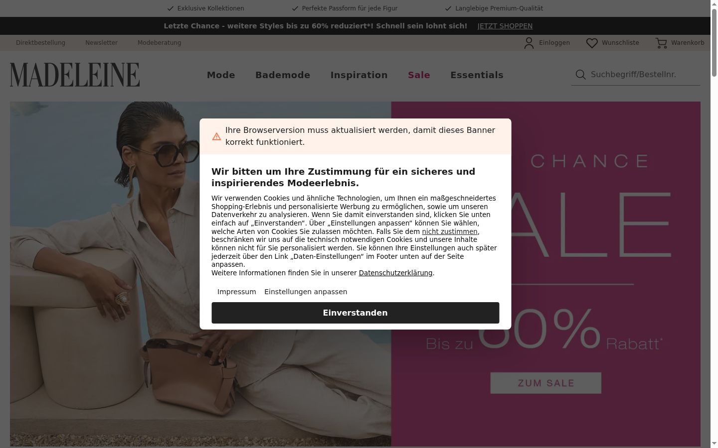 Screenshot des Einwilligungsbanners vor jeglicher Interaktion