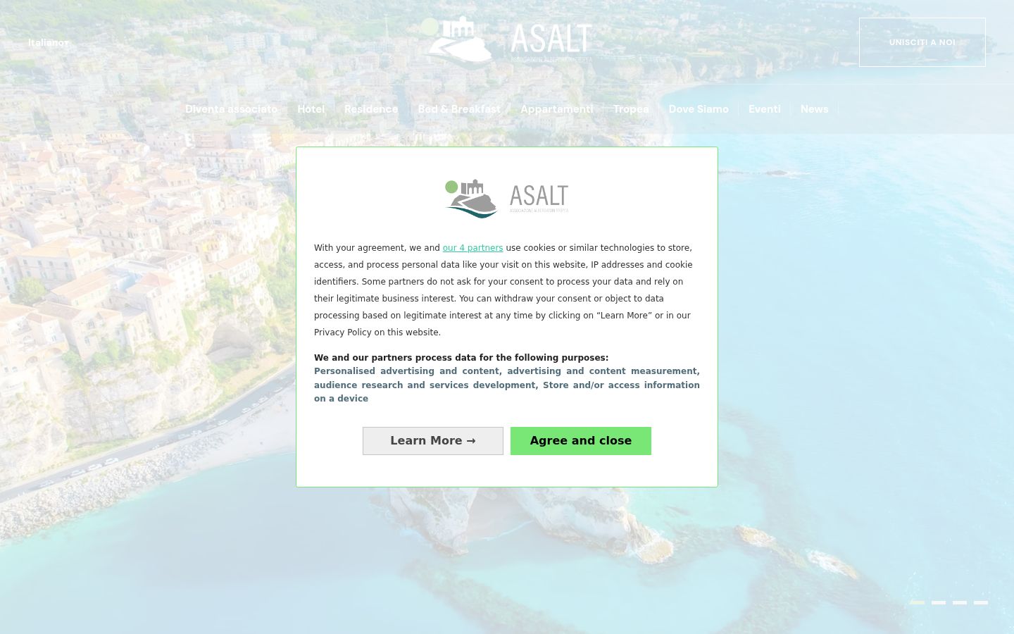 Screenshot del banner di consenso mostrato prima di qualsiasi interazione