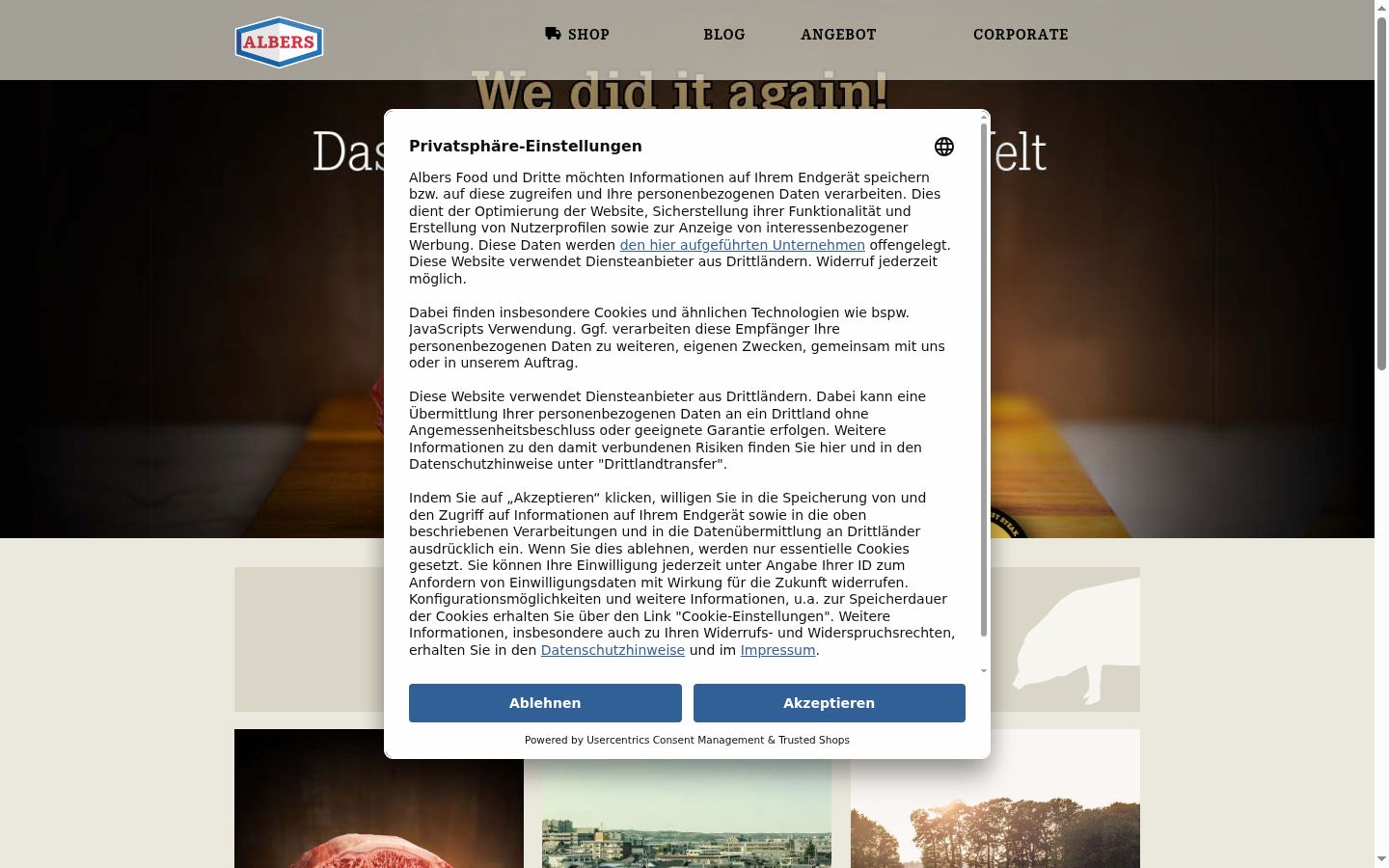 Posnetek zaslona pasice za privolitev, prikazane pred kakršno koli interakcijo