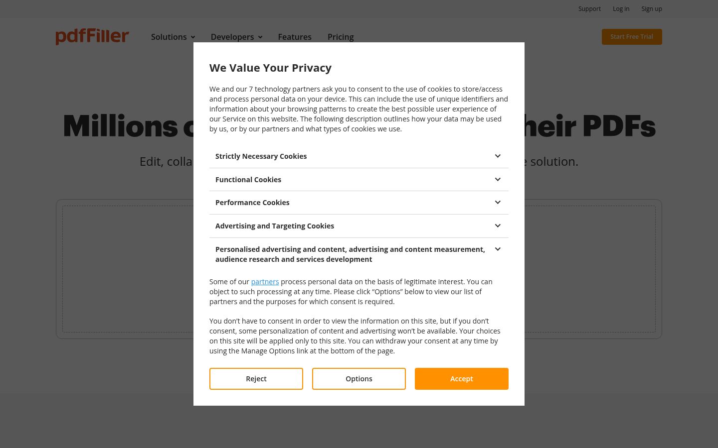Screenshot del banner di consenso mostrato prima di qualsiasi interazione
