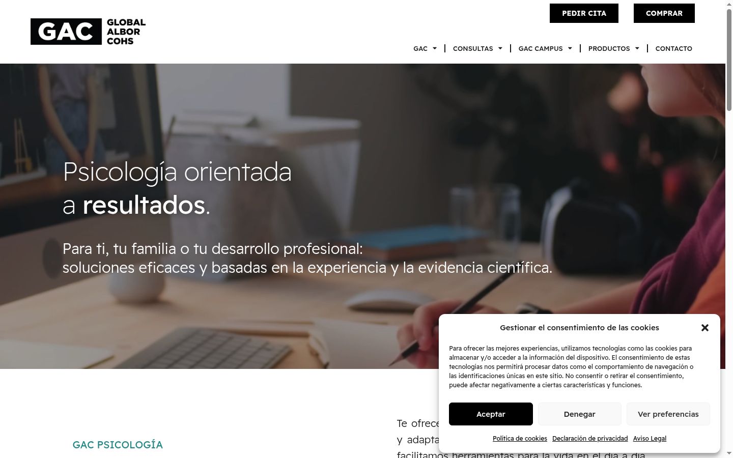 Captura de pantalla del banner de consentimiento mostrado antes de cualquier interacción