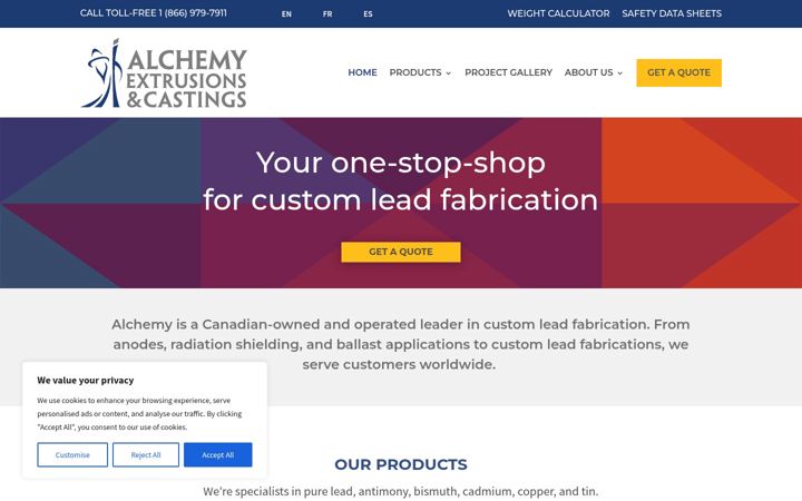 Screenshot di alchemyextrusions.com