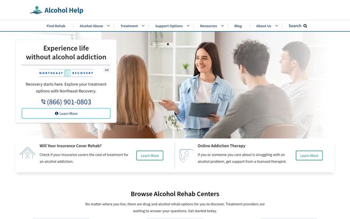 Screenshot ta' alcoholhelp.com