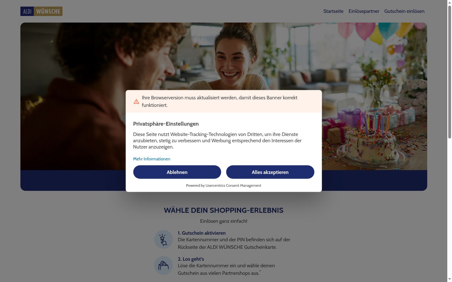 Sutikimo reklamjuostės, rodytos prieš bet kokią sąveiką, ekrano kopija