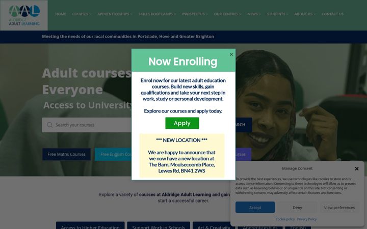 Screenshot of aldridgeadultlearning.com