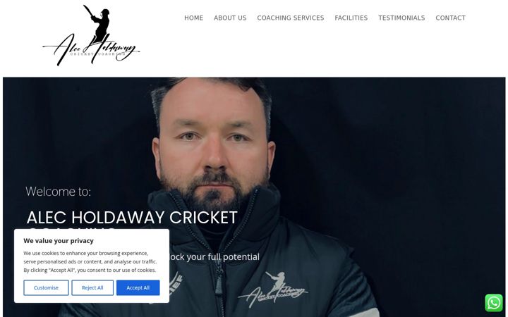 Screenshot of alecholdawaycricketcoaching.co.uk