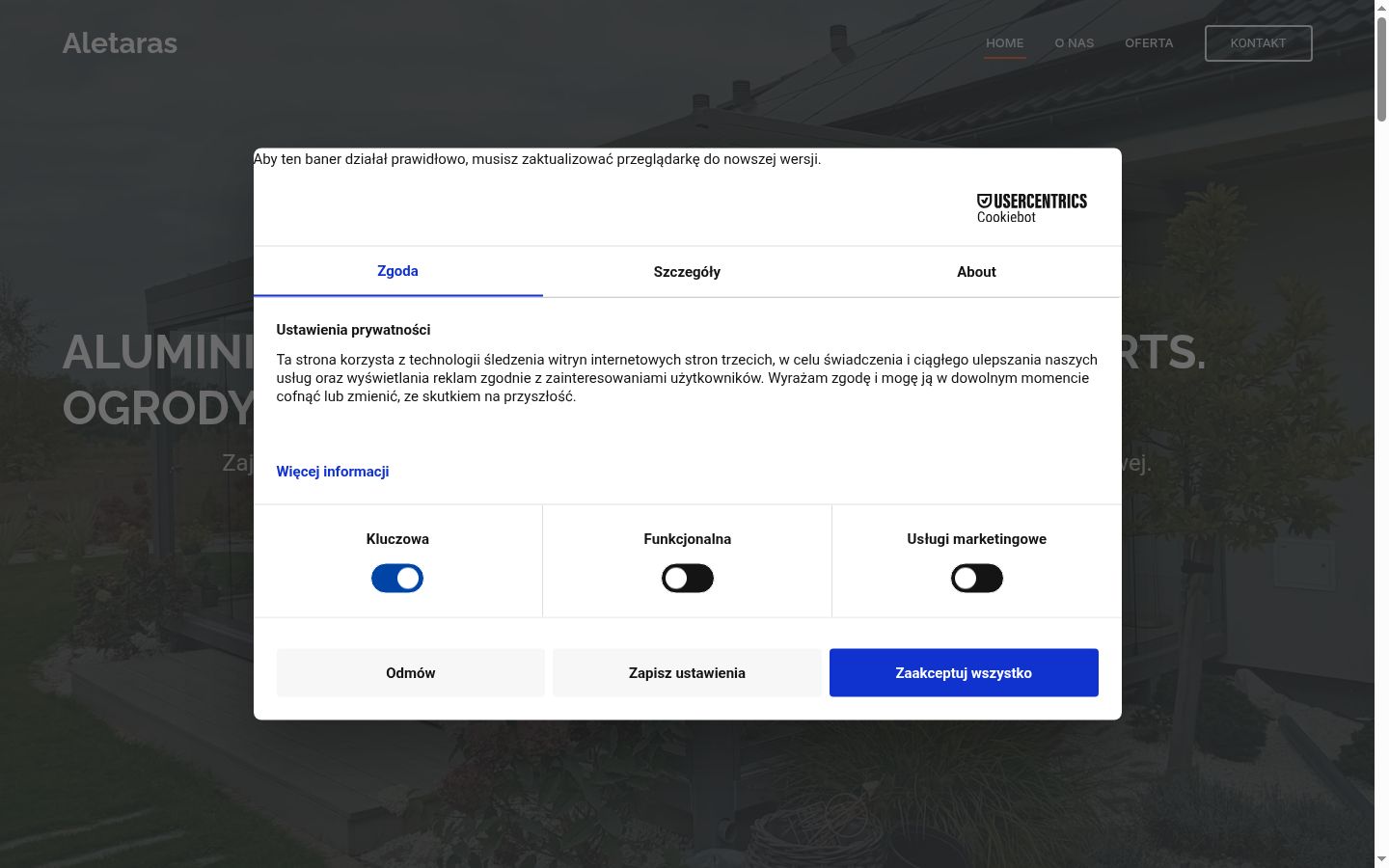 Posnetek zaslona pasice za privolitev, prikazane pred kakršno koli interakcijo