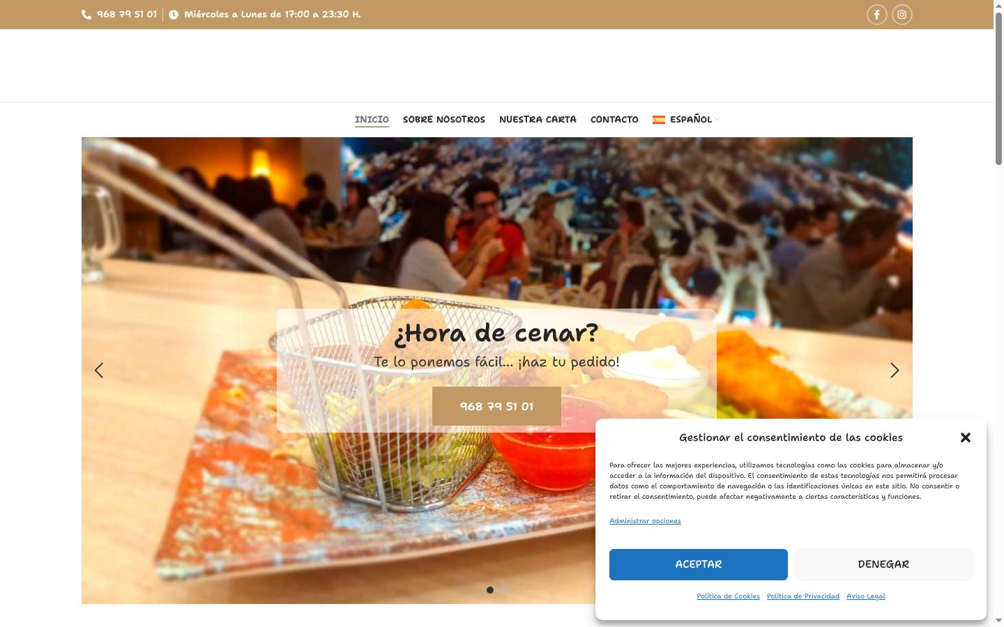 Captura de pantalla del banner de consentimiento mostrado antes de cualquier interacción