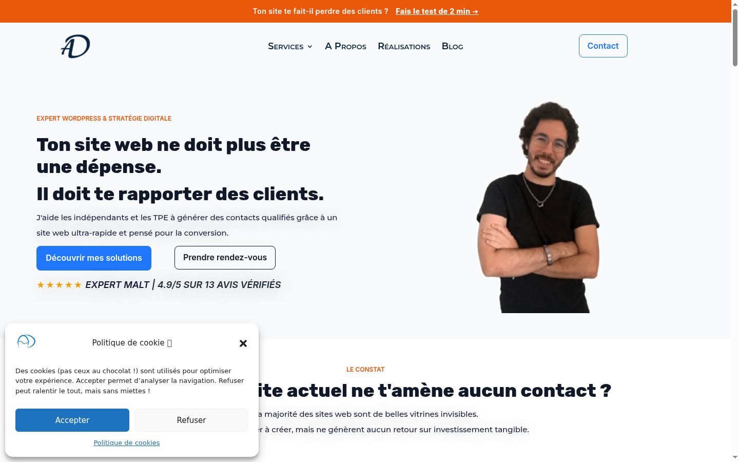 Capture d'écran de la bannière de consentement affichée avant toute interaction