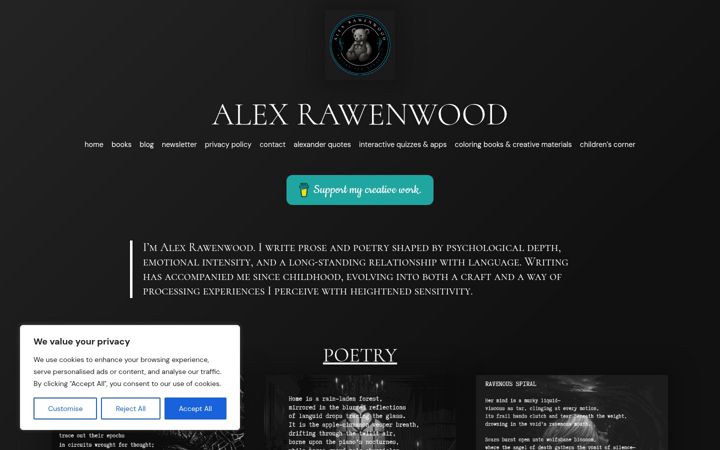 Screenshot of alexrawenwood.com