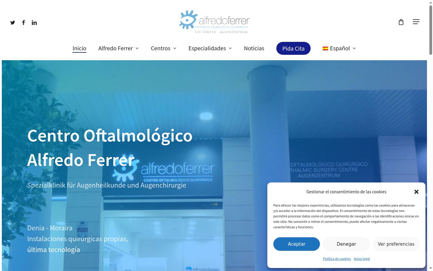 Captura de ecrã do banner de consentimento apresentado antes de qualquer interação