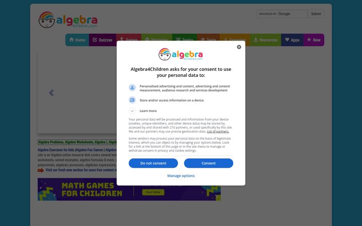 Screenshot von algebra4children.com