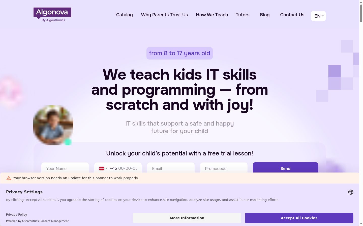 Screenshot del banner di consenso mostrato prima di qualsiasi interazione