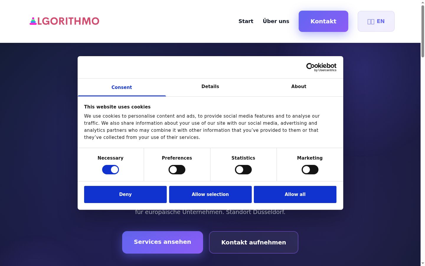 Screenshot del banner di consenso mostrato prima di qualsiasi interazione